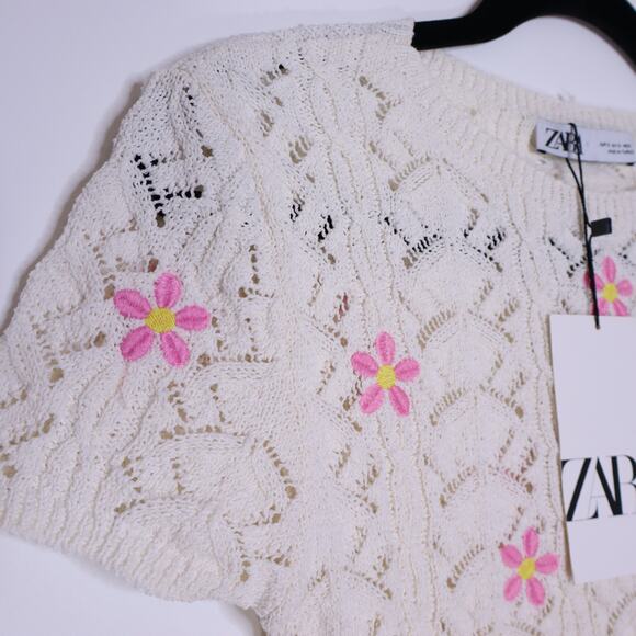 ZARA NEW Floral Crochet Knit Top Ivory Embroidered Short Sleeve Women's S - Picture 5 of 11